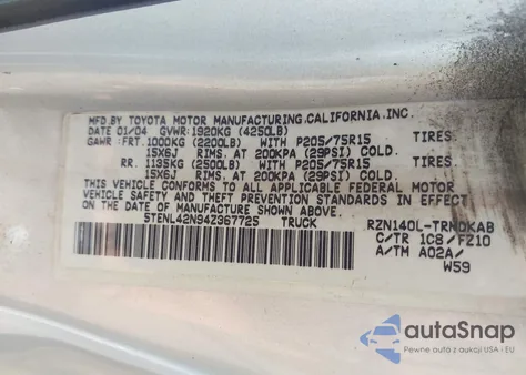 2004 Toyota Tacoma from USA, damaged, VIN 5TENL42N94Z367725